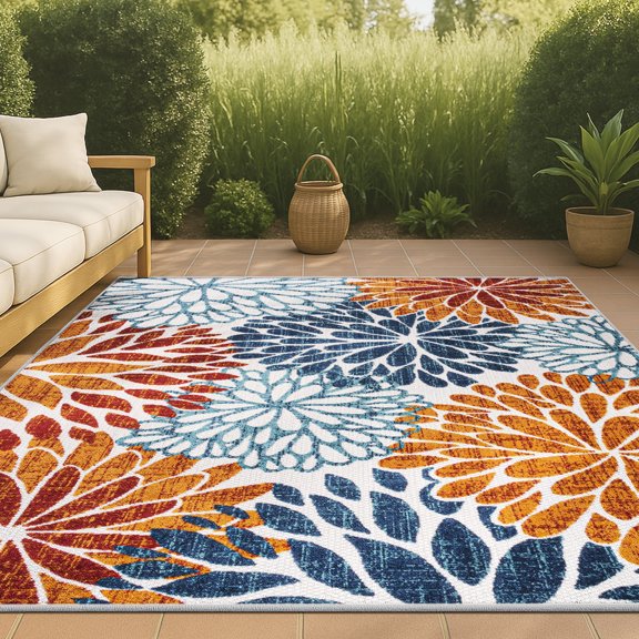 JONATHAN Y AMALFI COAST 3 x 5 Area Rug, Crisantemo Floral - Orange/Blue/Cream, AMC108A-3