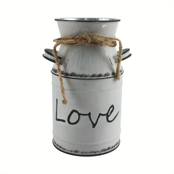 Fauevav Love Pattern Vase Galvanized Antique Retro Milk Can Metal Planter Rustic Vintage Primitive Flower Holder Farmhouse Country Plant for Home Office Decor, 7.6''