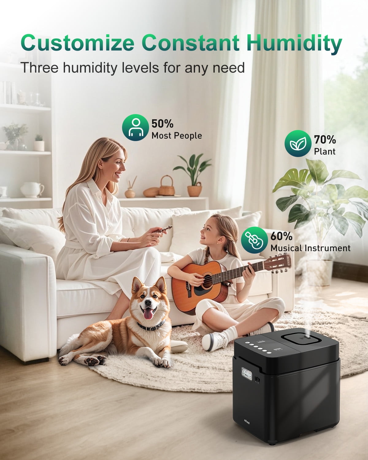 Stainless Steel Humidifier for room, 3.3L Warm Mist Humidifiers for Bedroom, Easy Clean Steam Humidifiers for Home, Dishwasher Safe Humidifier Large Room, Black