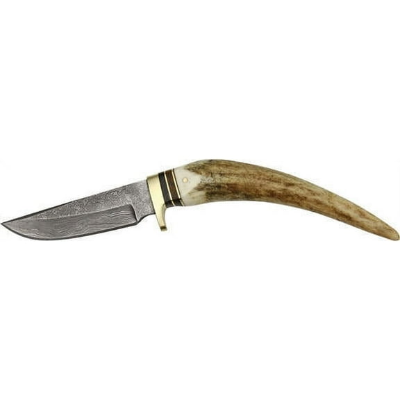 SANZ 8" Tip Buck Hunting Knife With Stag Handle, Damascus Steel Blade With Leather Sheath