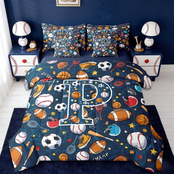 Erosebridal Soccer Football Sport 7-Piece Twin Bedding Sets,Letter P Monogrammed Bedding Comforter Set For Boys Kids,Reversible navy blue