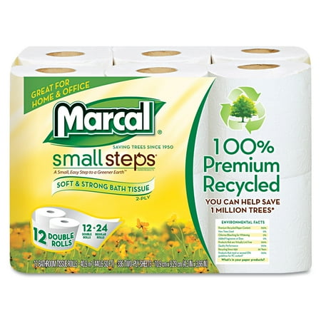 Marcal Small Steps 100% Recycled Double Roll Bathroom Tissue, White, 12 Rolls/Pack