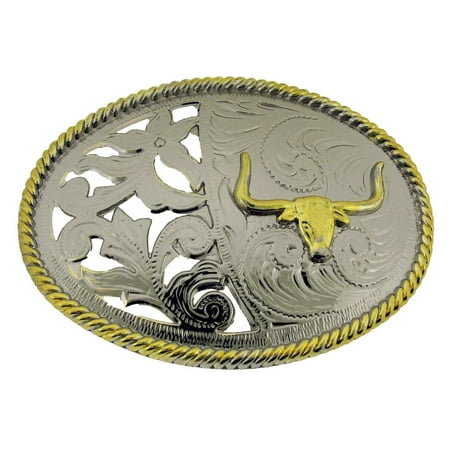 Bull Belt Buckle - Bull Longhorn Buffalo Ox Gold Silver Two Tone Costume Belt Buckle Western Rodeo