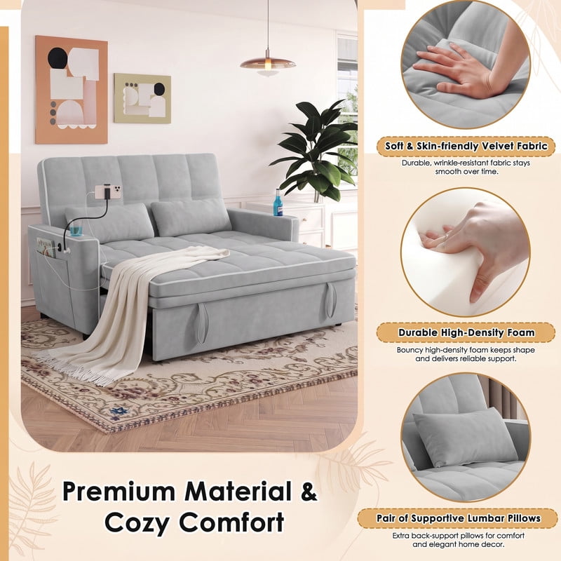 Anpport 54" 3‑in‑1 Convertible Sleeper Sofa Bed, Loveseat with White Trim, USB Charging Port, Phone Stand, 2 Cup Holders and 2 Pillows for Living Room, Bedroom and Apartment, Light Gray