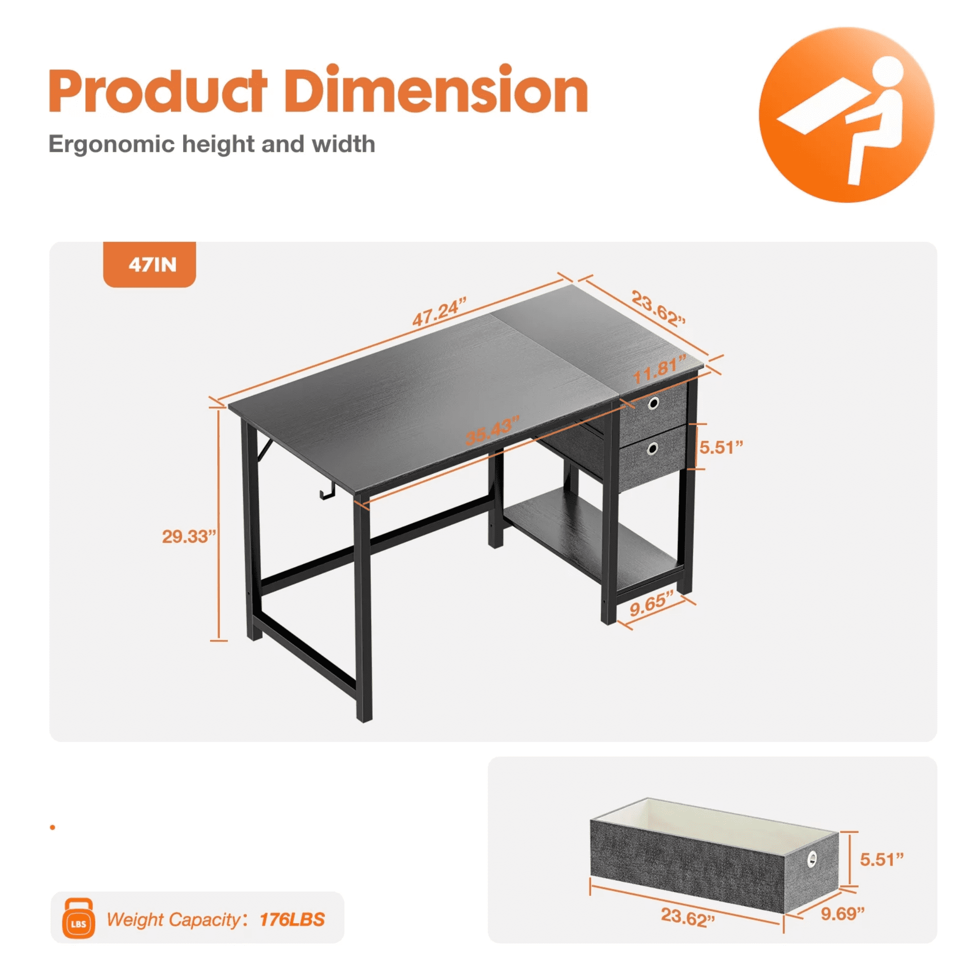 edx Computer Desk with Drawer 47 Inch PC Table Study Desk with 2-Tier Drawers Storage Shelf Headphone Hook, Modern Simple Style Laptop Desk for Bedroom, Gaming