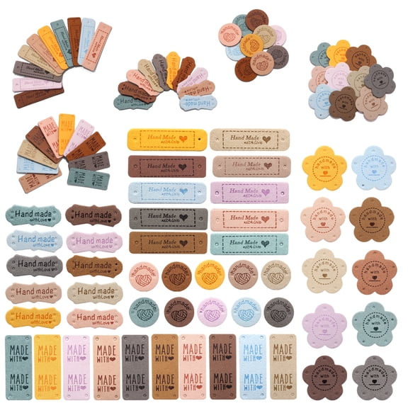 50 Pcs Handmade Leather Labels with Hole for Crochet, Colorful Artificial Embossed Sew on Tags with Love Hearts, for Handmade Items Knit DIY Crafts Sewing Jeans Bags Shoes Hat (5 Styles)