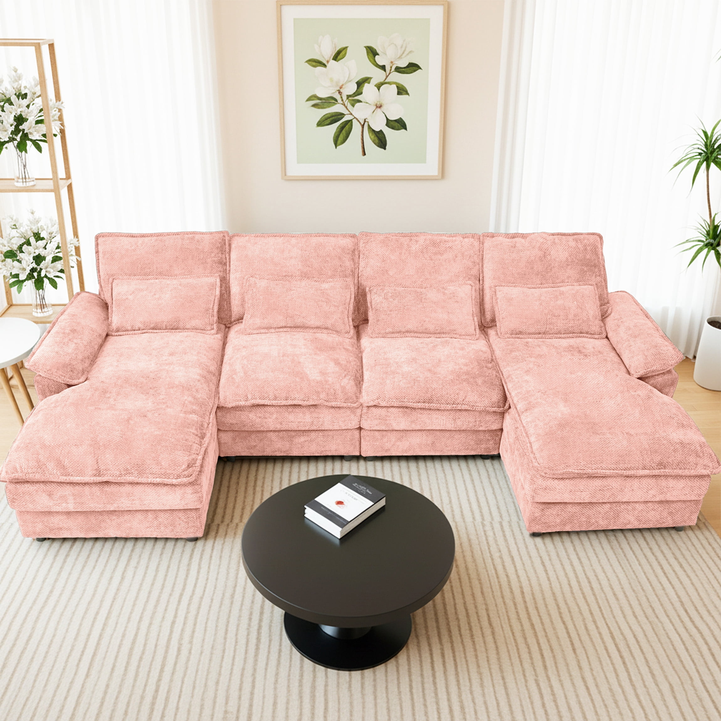 SEENYOO 110.24" U-Shaped Couch, Cloud Modular Sectional Sofa with Chenille Fabric, 4-Seat Comfy Couch for Living Room,Pink