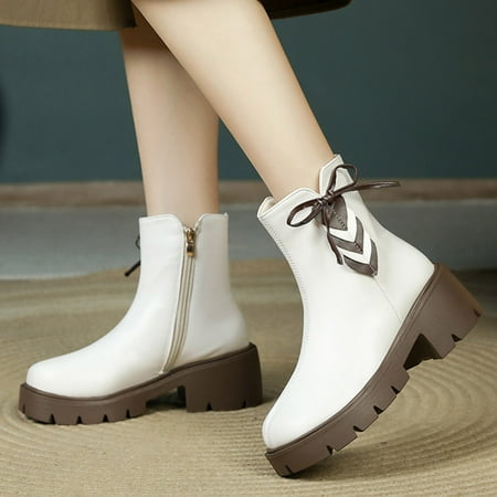 

ERTUTUYI Fashionable Autumn And Winter Women Ankle Boots Thick Soles Thick Heel Non Slip Round Toe Side Zipper Comfortable Solid Color White 37