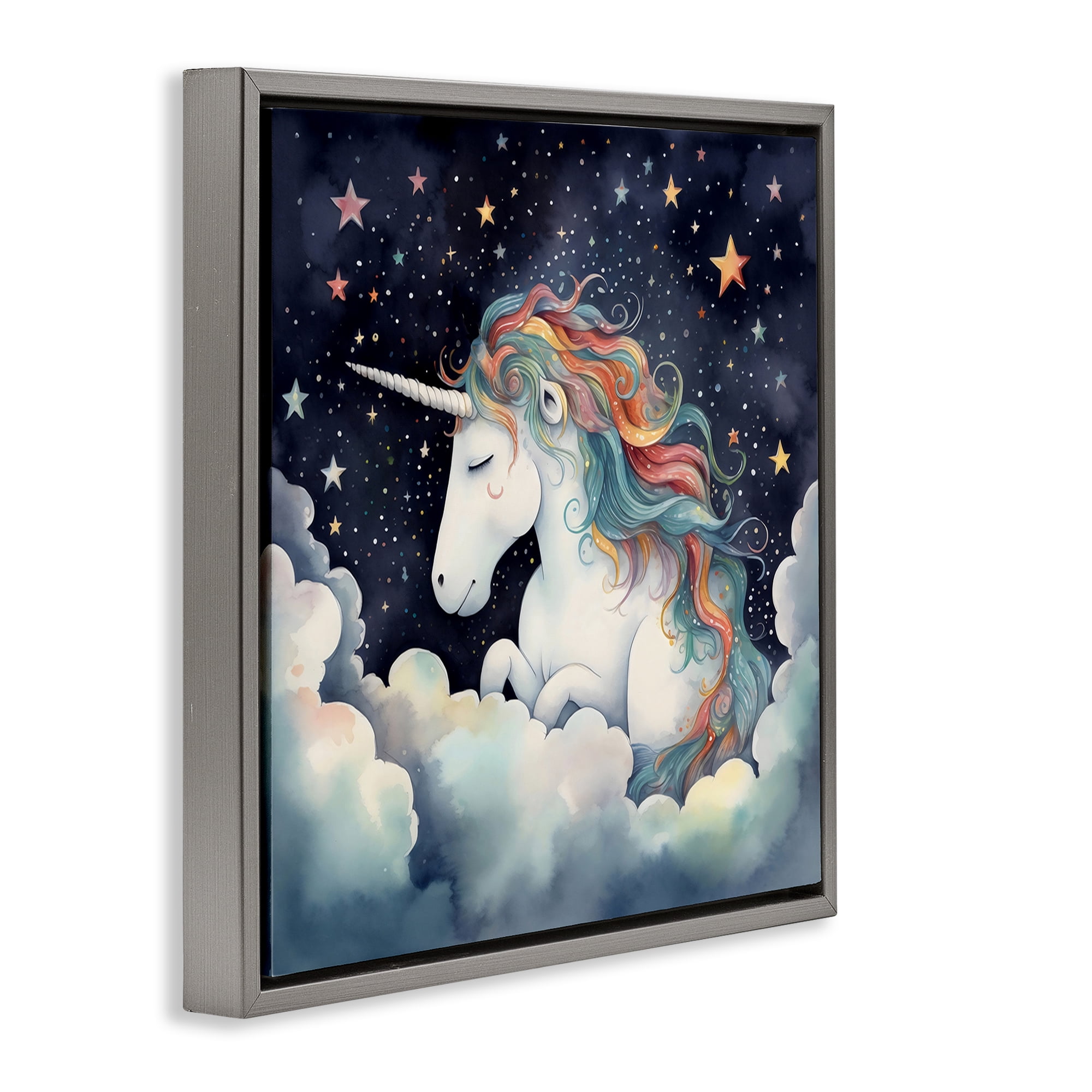 Stupell Industries Sleepy Unicorn in Starlit Clouds Gray Framed Floater Canvas Wall Art, design by Creative Studio