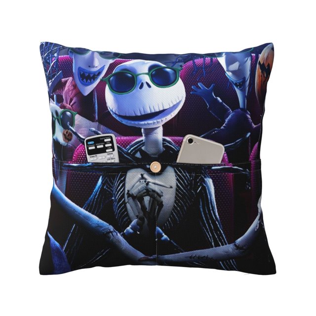 Funda de almohada de arpillera de lino decorativa de Pesadilla antes de Navidad, funda de cojín cuadrada para sofá o coche, sin relleno de almohada (16 x 16, 18 x 18, 20 x 20 pulgadas, negro)