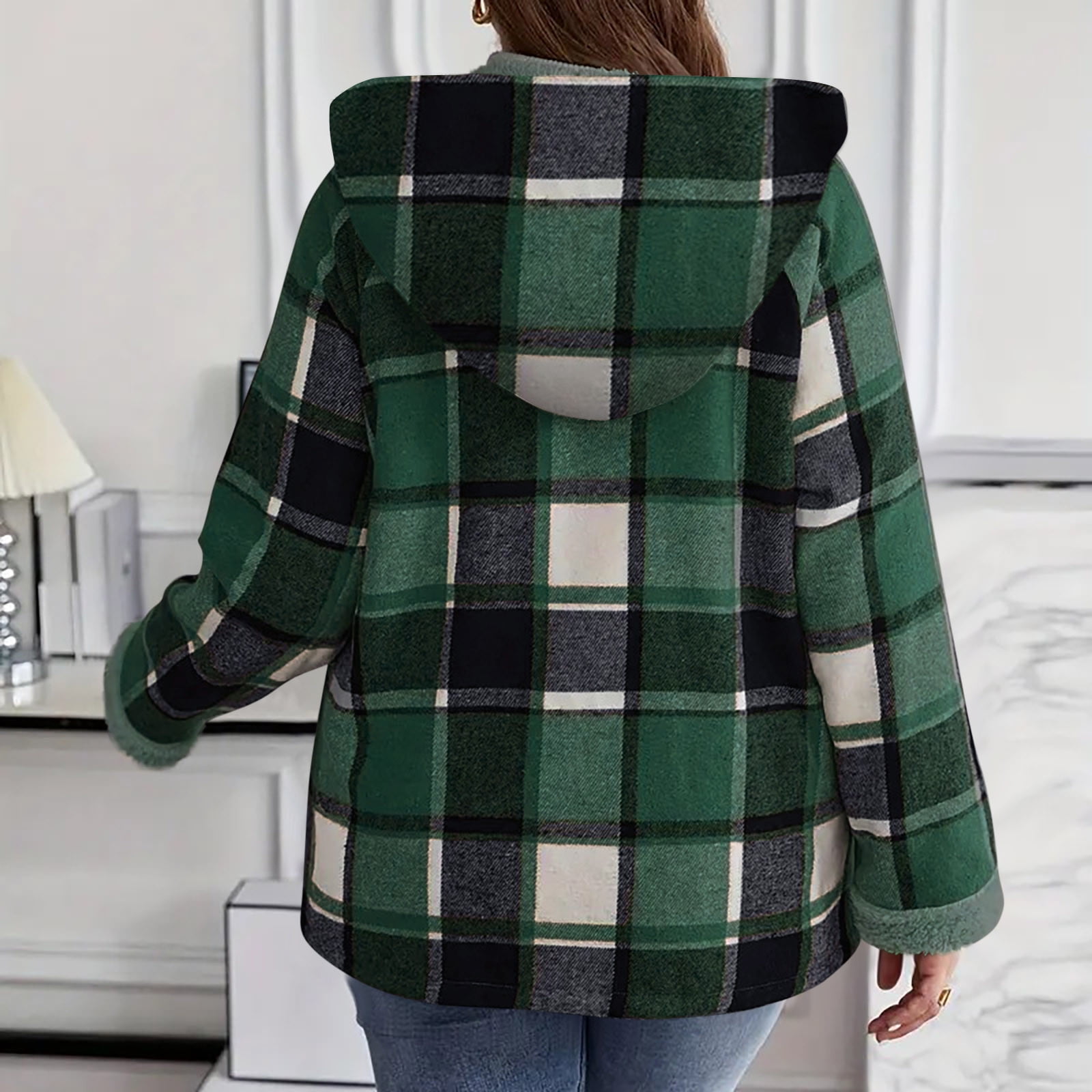 Womens Winter Coats Plaid Woolen Full-zip Hooded Jackets with Sherpa Lined Thick Warm Faux Shearling Outerwear (L, Army Green)