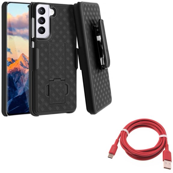 Case Belt Clip w 6ft USB-C Cable for Samsung Galaxy S21 - Holster Swivel Cover, Red Charger Cord Power