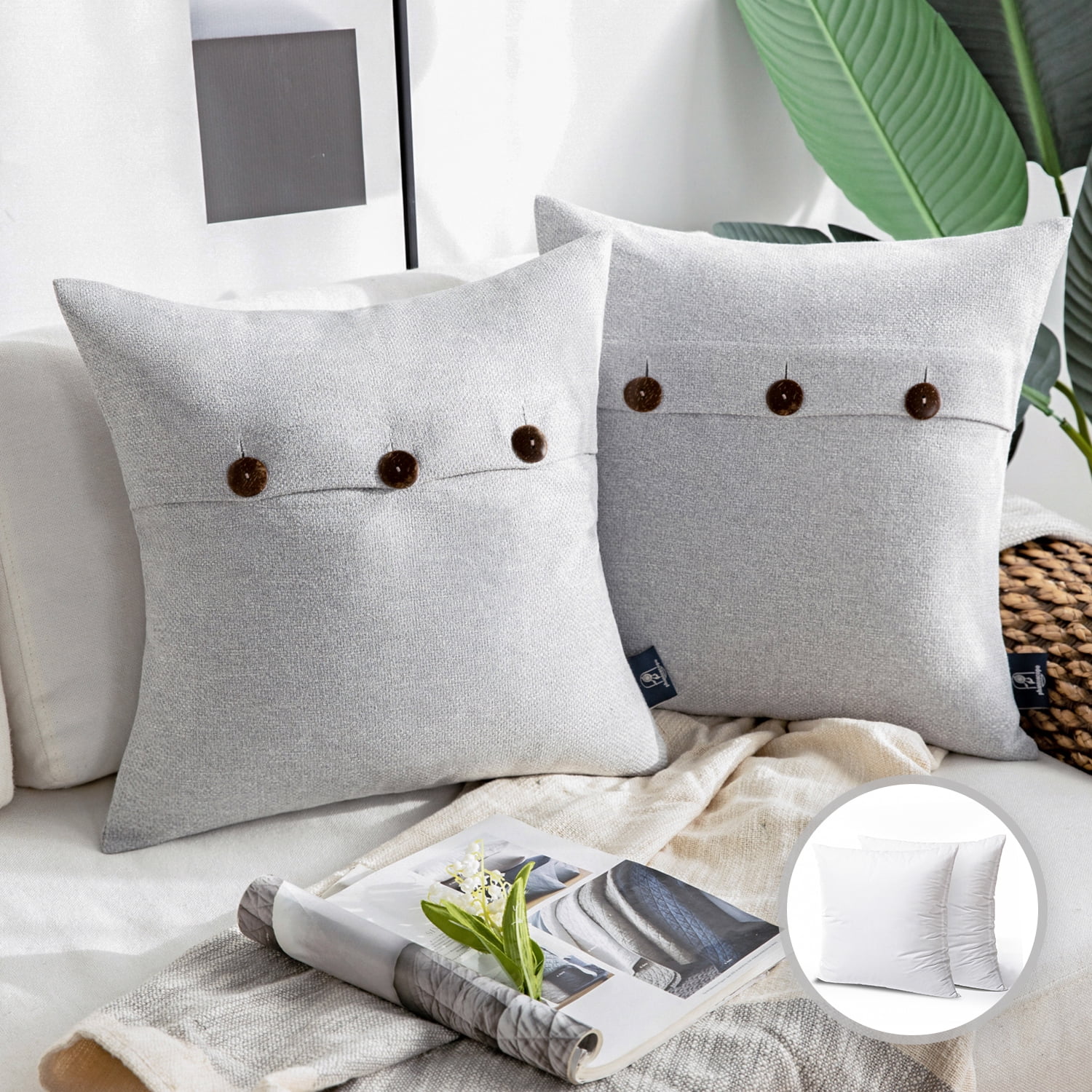 Linen Pillowcase with Side Wooden Buttons Decor  Cottage Chic Linen Pillow Sham 