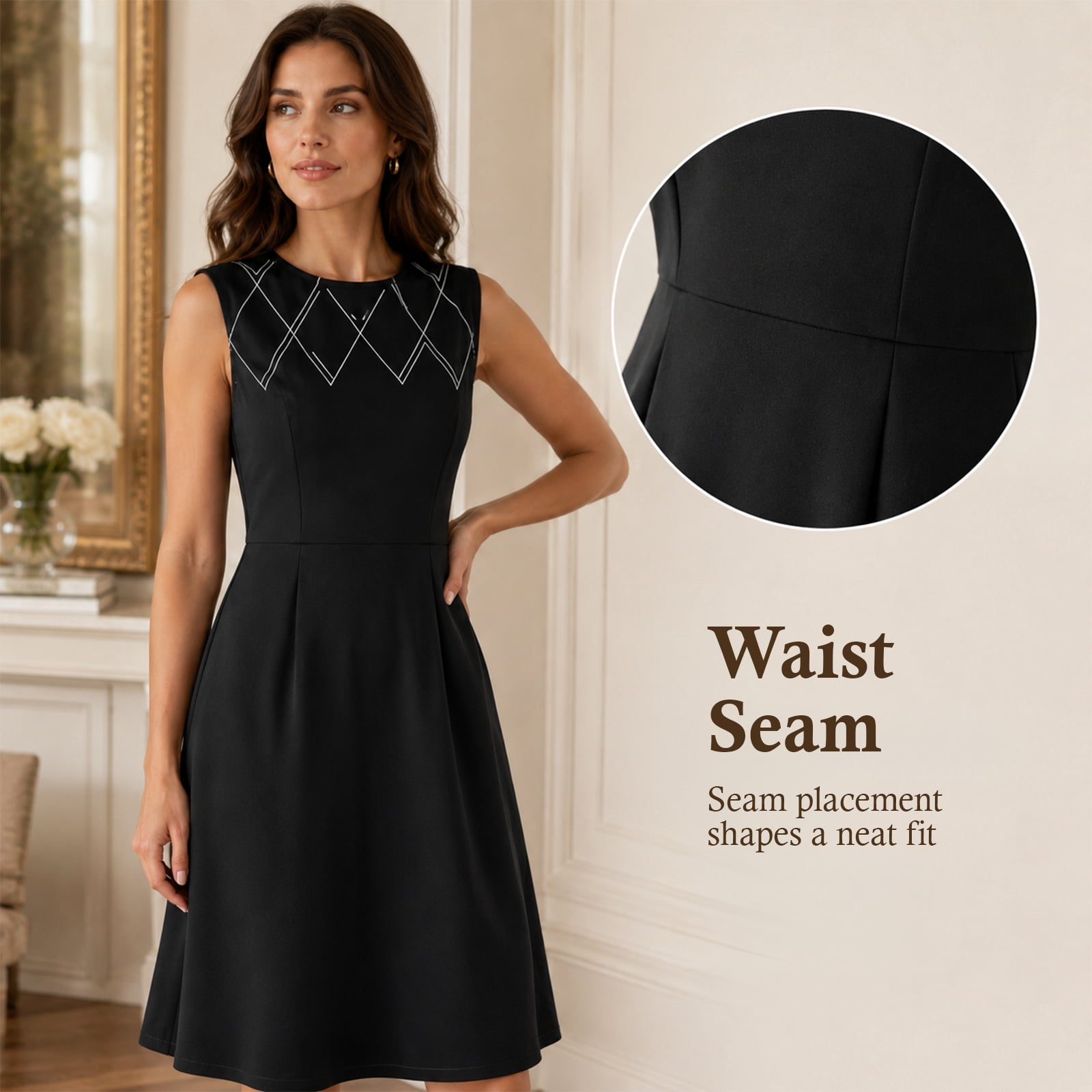 Alvantor Women's Sleeveless A-Line Dress with Diamond Pattern, Black