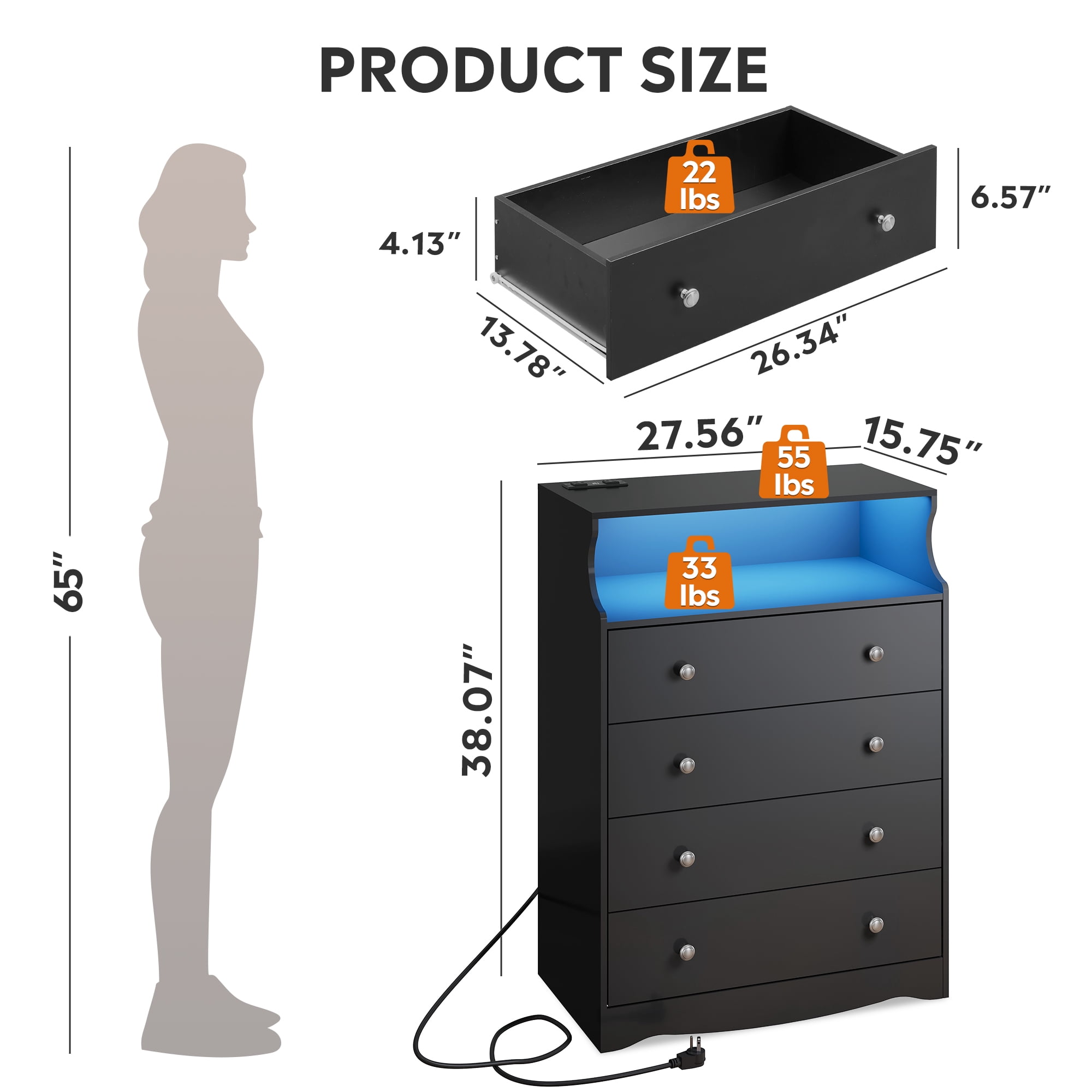GALAXHERO 4 Drawers Dresser for Bedroom, Tall Black Dressers with  LED Open Shelf, Modern Chest of Drawers with Charging Station, Wood Closet Clothes Organizer Storage Cabinet