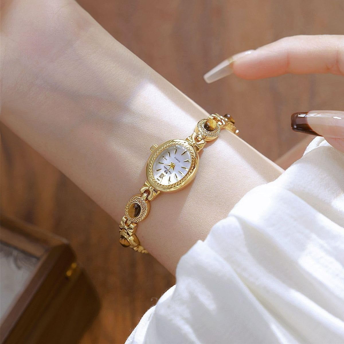 Gold Watches for Women with Small Vintage Bracelet Elegant Jade Oval Dial Dress Watch Fashion Quartz Wrist Watch Waterproof Watch