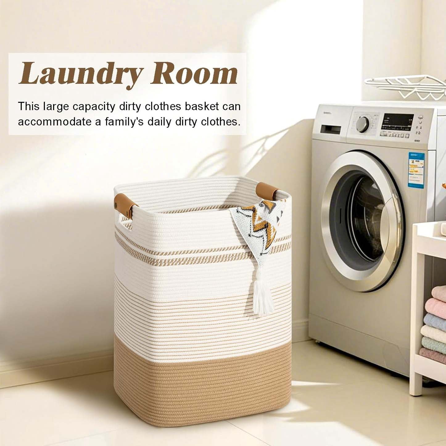 88L Tall Large  Laundry Basket with Leather Handles, ,Collapsible Laundry Hamper,Woven Laundry Baskets and Storage Hampers for Decorative Storage of Dirty Clothes, Toys, and Blankets
