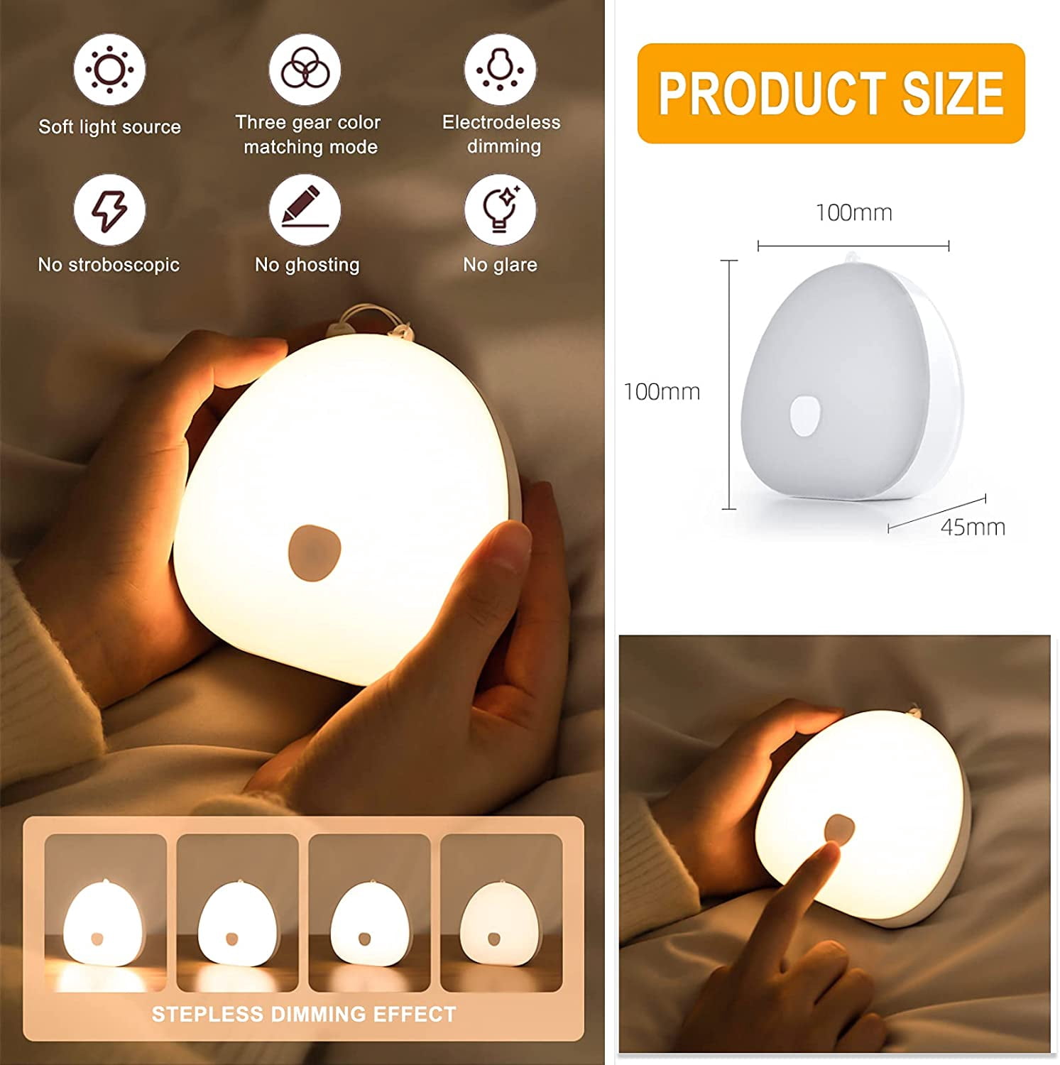 Kids Night Light LED Baby Night Lamp 3 Colors Dimmable Nursing Night Light with Touch Switch, USB Charging Night Lamp for Nursery, Stairs, Living Room