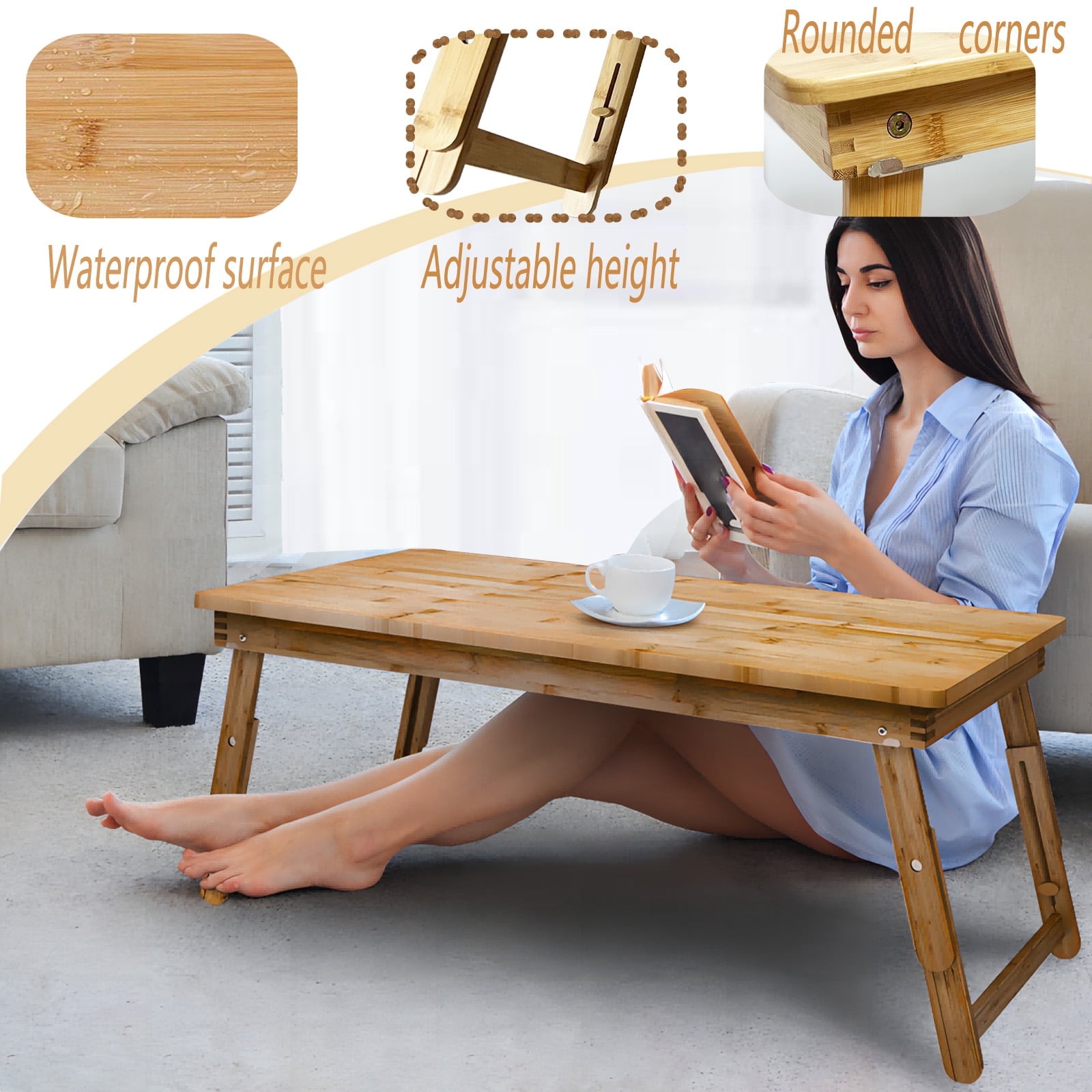 Fully Assembled Bamboo Coffee Table for Sitting on the Floor Living Room Foldable Legs Adjustable Height Japanese