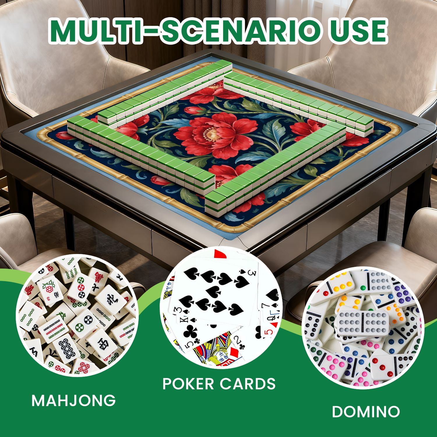 Mahjong Mat 31.5" x 31.5" Floral Red Roses Green Vines Blue Non-Slip Noise Reduction Mahjong Tiles Table Cover for Dominoes Poker Card Board and Tile Games