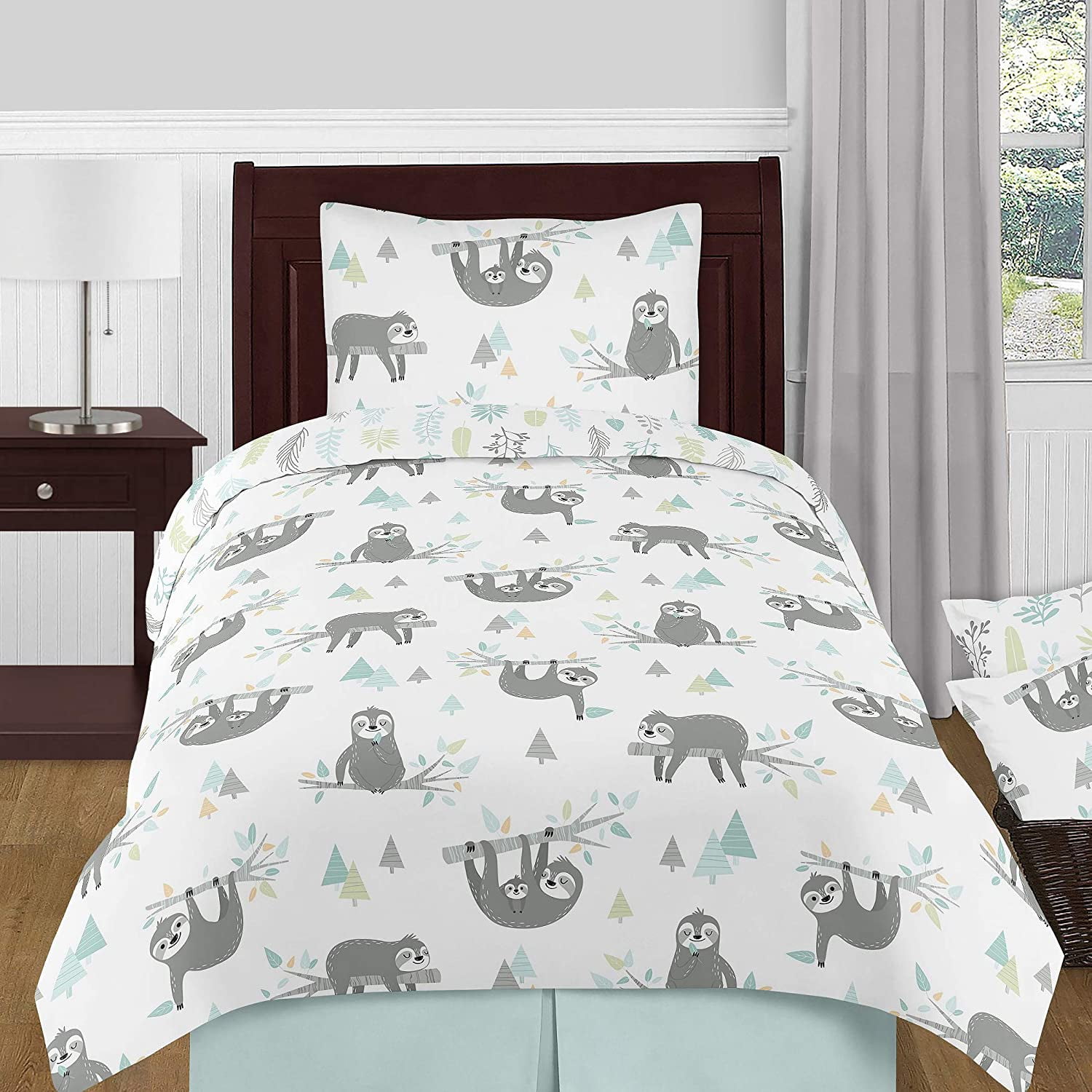Turquoise Gray and Green Botanical Rainforest Sweet Jojo Designs Blue and Grey Jungle Sloth Leaf Unisex Boy or Girl Baby Nursery Musical Crib Mobile