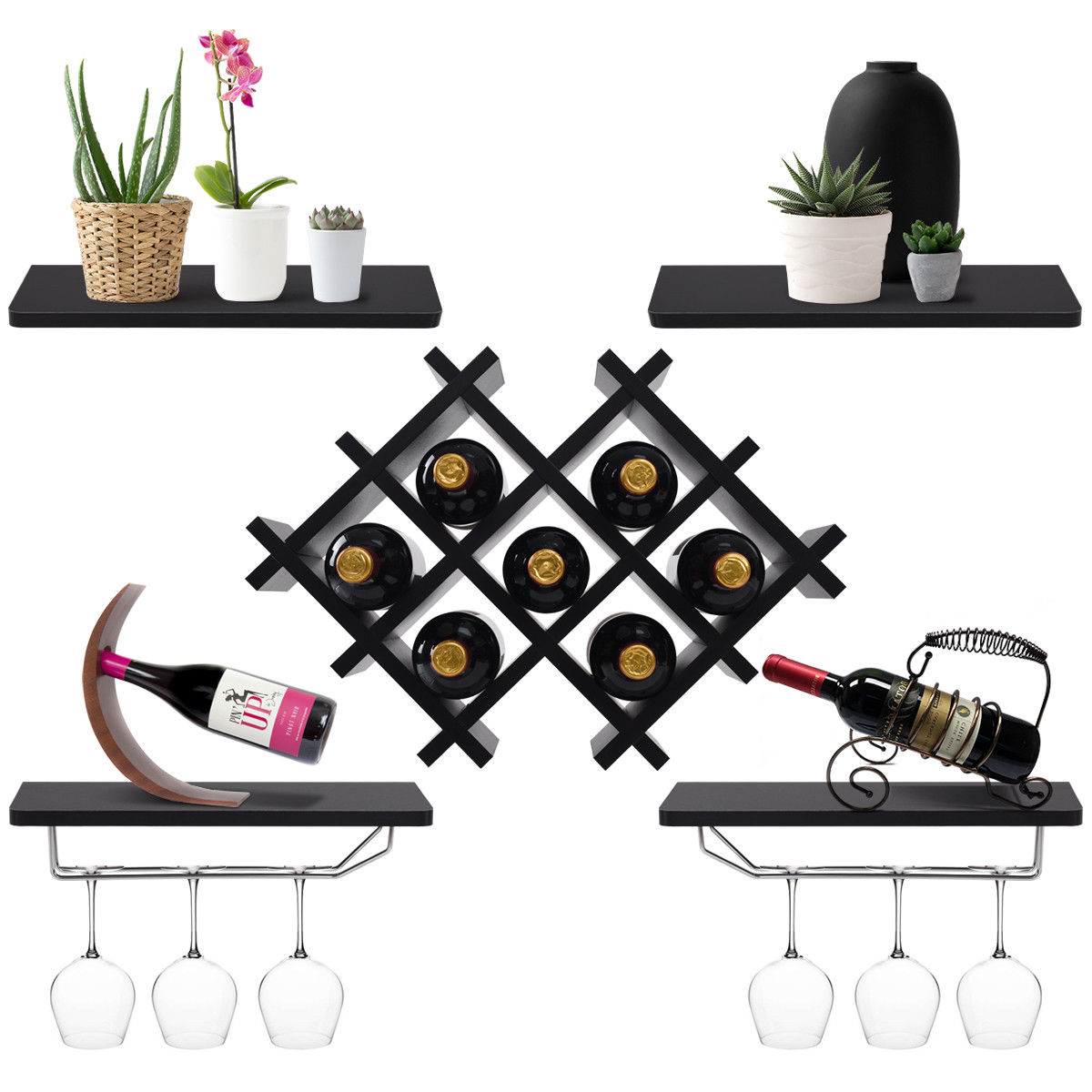 Gymax Set of 5 Wall Mount Wine Rack Set Storage Shelves Glass Holder Black
