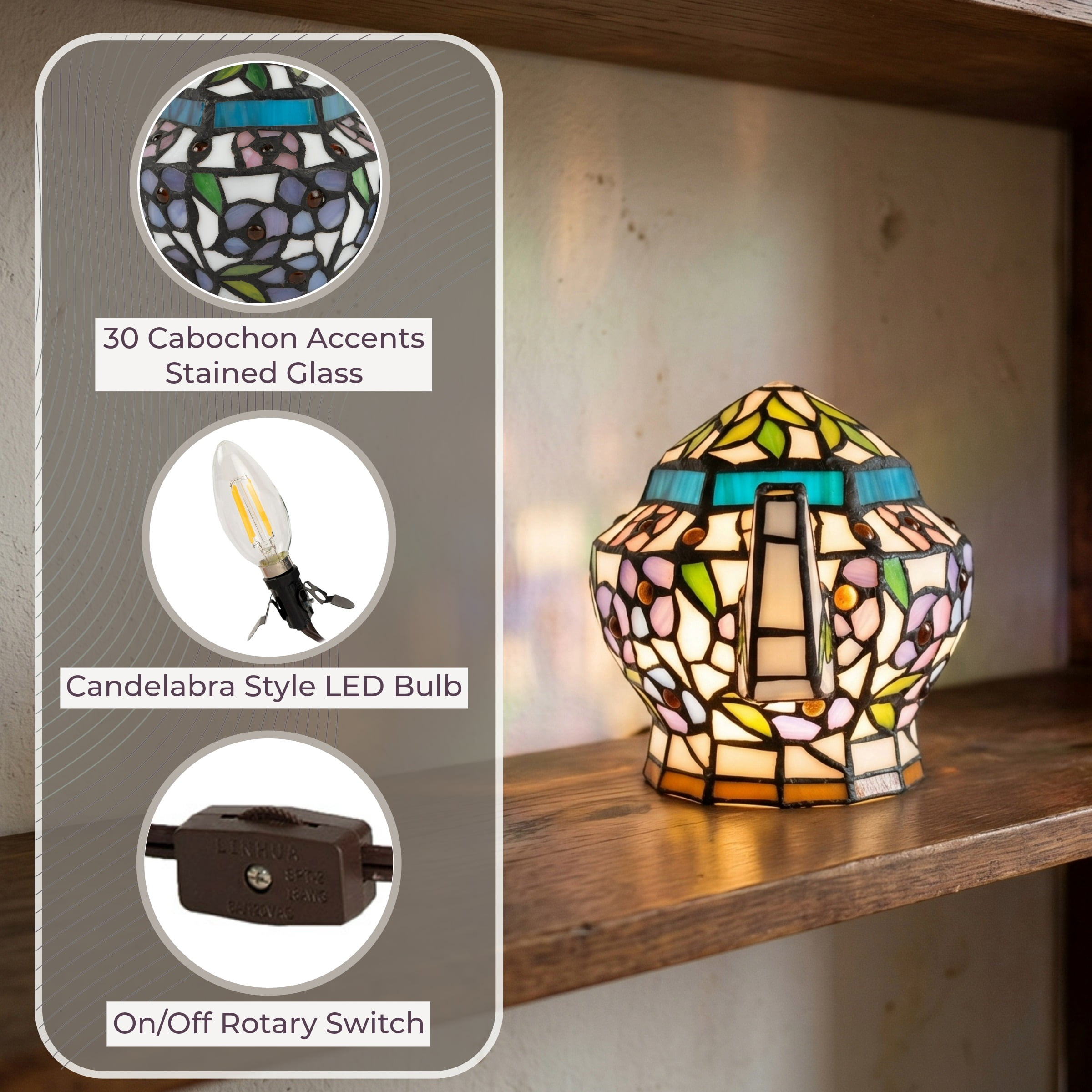 Lavish Home Teapot Lamp - Tiffany Style Stained Glass Table or Desk Light with LED Bulb Included