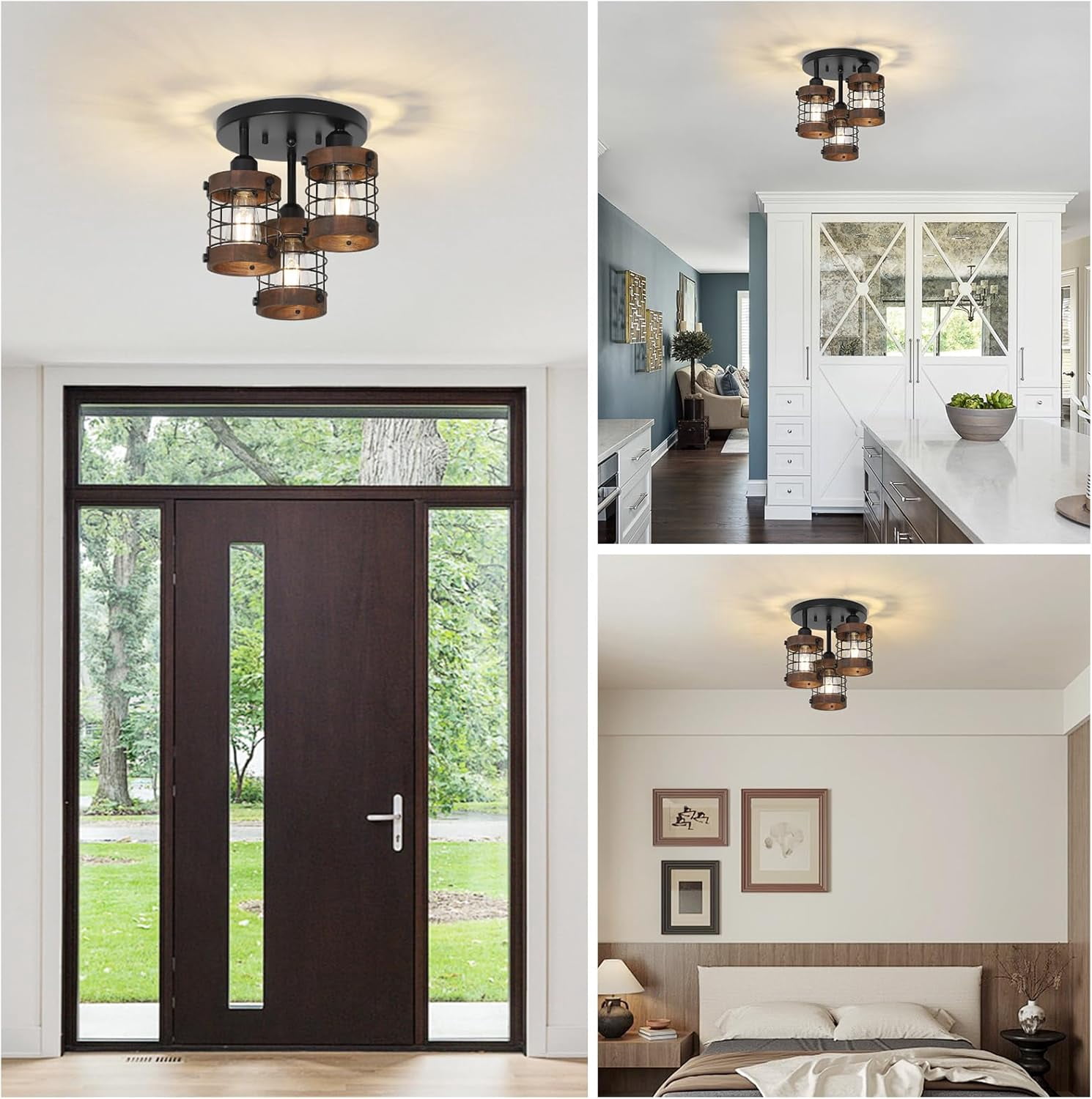 3-Light Farmhouse Semi Flush Mount Ceiling Light, Black & Wood Cage Ceiling Fixture with E26 Base, Industrial Close to Ceiling Lighting for Kitchen, Hallway, Entryway, Bedroom, Porch, Dimmable, 9.8"