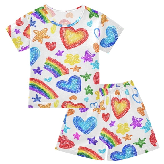 joogoo Hand Drawn Heart Rainbow Pattern Pajama Sets Short Sleeve Cotton 2-Piece Sleepwear 10Y