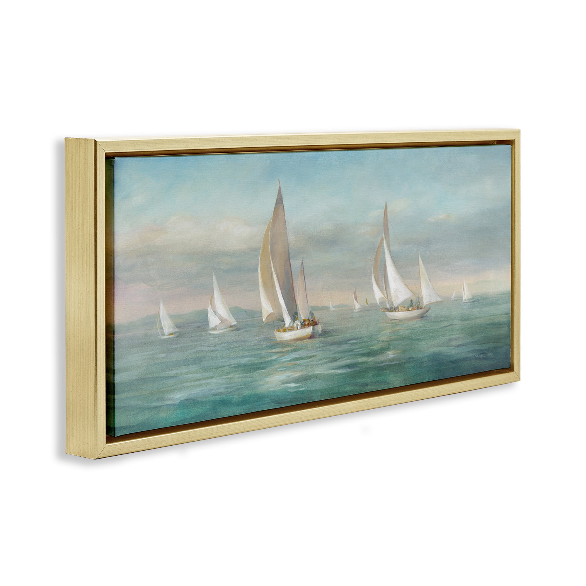 Stupell Industries Sailboat Fleet Ocean Waves Transportation Painting Gold Floater Framed Canvas Art Print Wall Art, 31 x 14