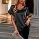 thumbnail image 3 of Estrela Camiseta de satén con cuello en V para mujer con bolsillo de manga corta cómoda y moderna camiseta informal para mujer Top negro S, 3 of 6