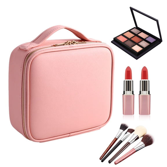 Qiyester Makeup Bag for Women Travel Cute Cosmetic Train Case Toiletry Organizer with Adjustable Dividers (Pink)