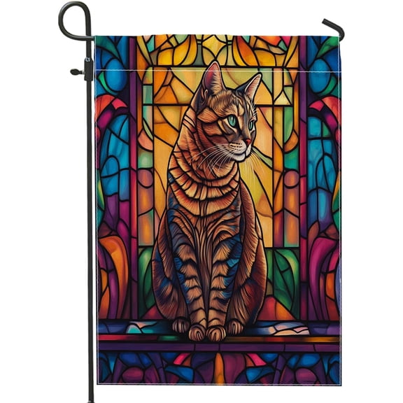 Stained Glass Cat Garden Flag, Colorful Tabby Cat Outdoor Yard Decor, Double Sided Spring Decoration for Home Lawn and Garden, 12 x 18 Inch