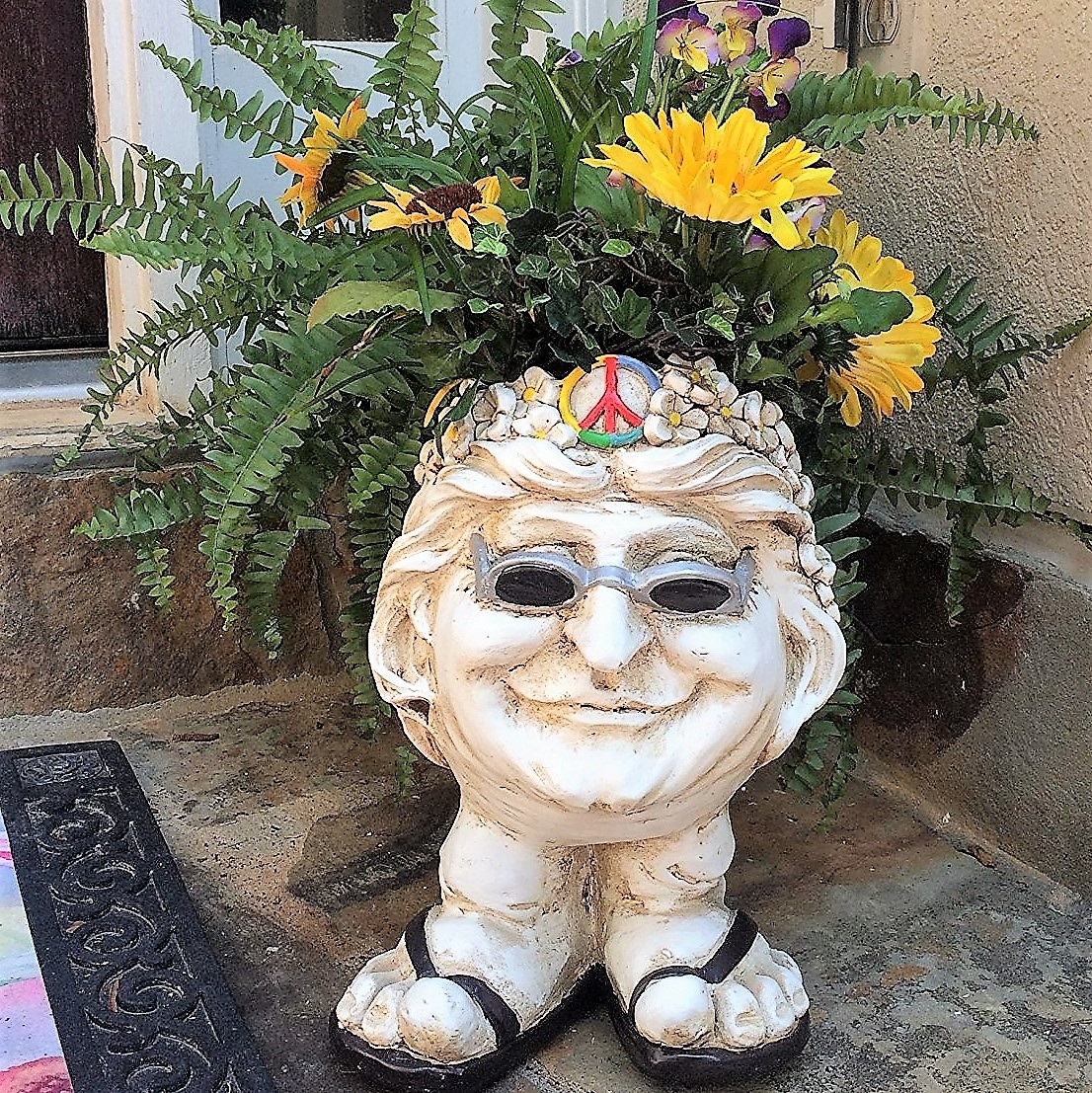 Homestyles 12"H Muggly Hippie Flower Child "Janice" Antique White Accent Face Humorous Planter Garden Statue (Holds 4" Pot)