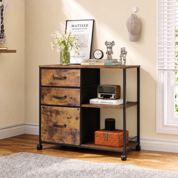 GALAXHERO 3 Drawer File Cabinet, Rolling Printer Stand with Storage, Lateral Fabric Filing Cabinet for Home Office, Rustic Brown Wood Grain, Fits Letter/A4