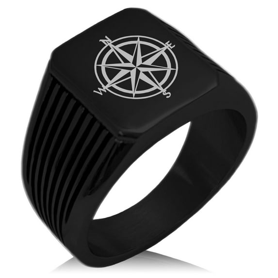 Stainless Steel Nautical Star Compass Needle Stripe Pattern Biker Style Polished Ring