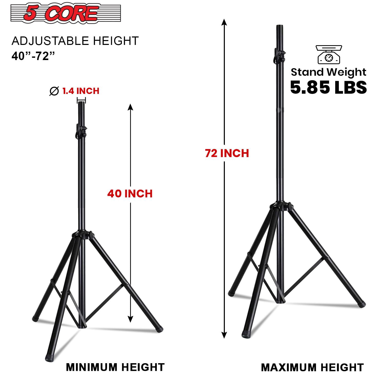 5 Core Speaker Stand Tripod Pair Floor Heavy Duty Adjustable Up to 72 Inch DJ Studio Monitor Stands Pole Mount