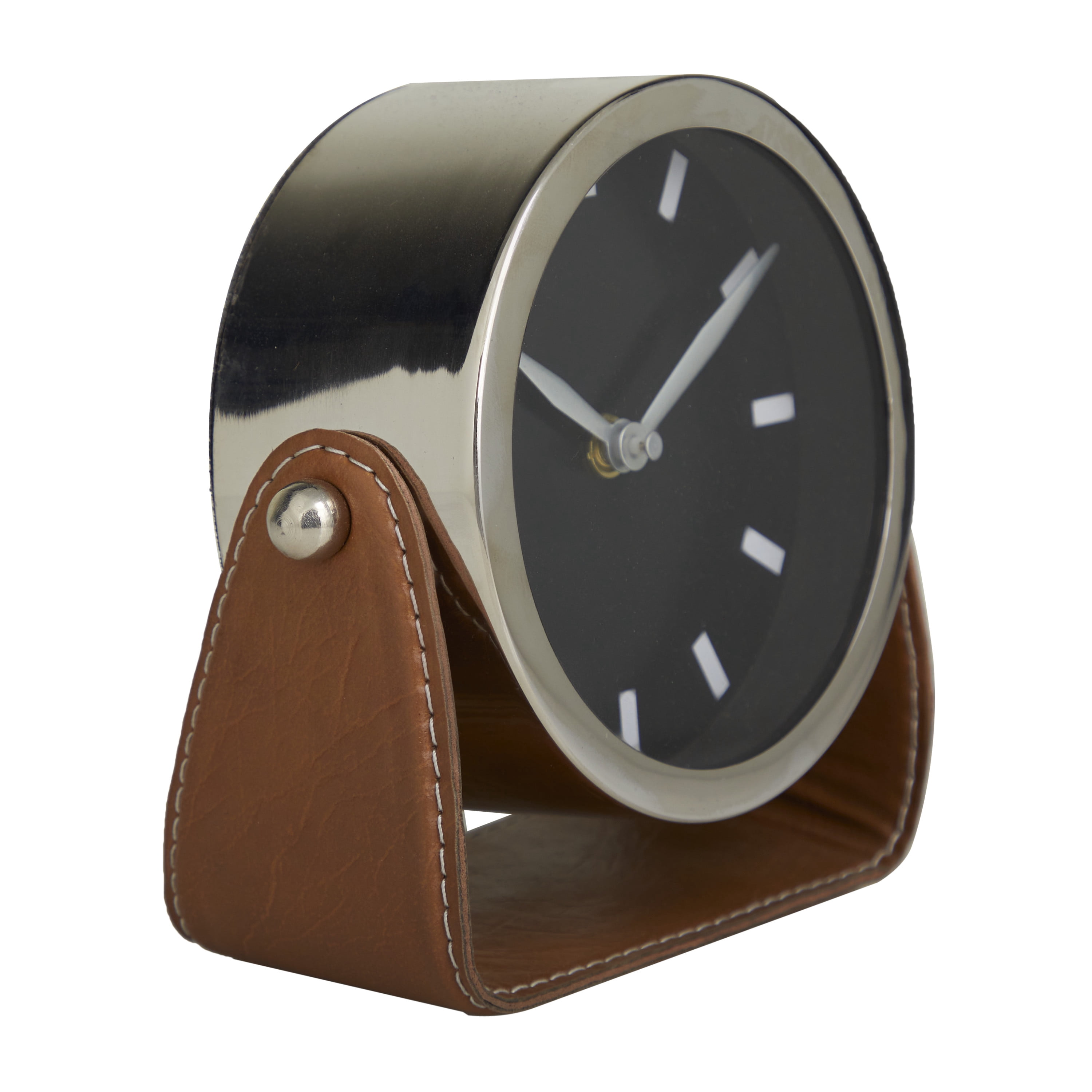 DecMode Stainless Steel Modern Round Decorative Desk Clock 6"W x 6"H, with Metallic Silver and Leathery Brown Stand