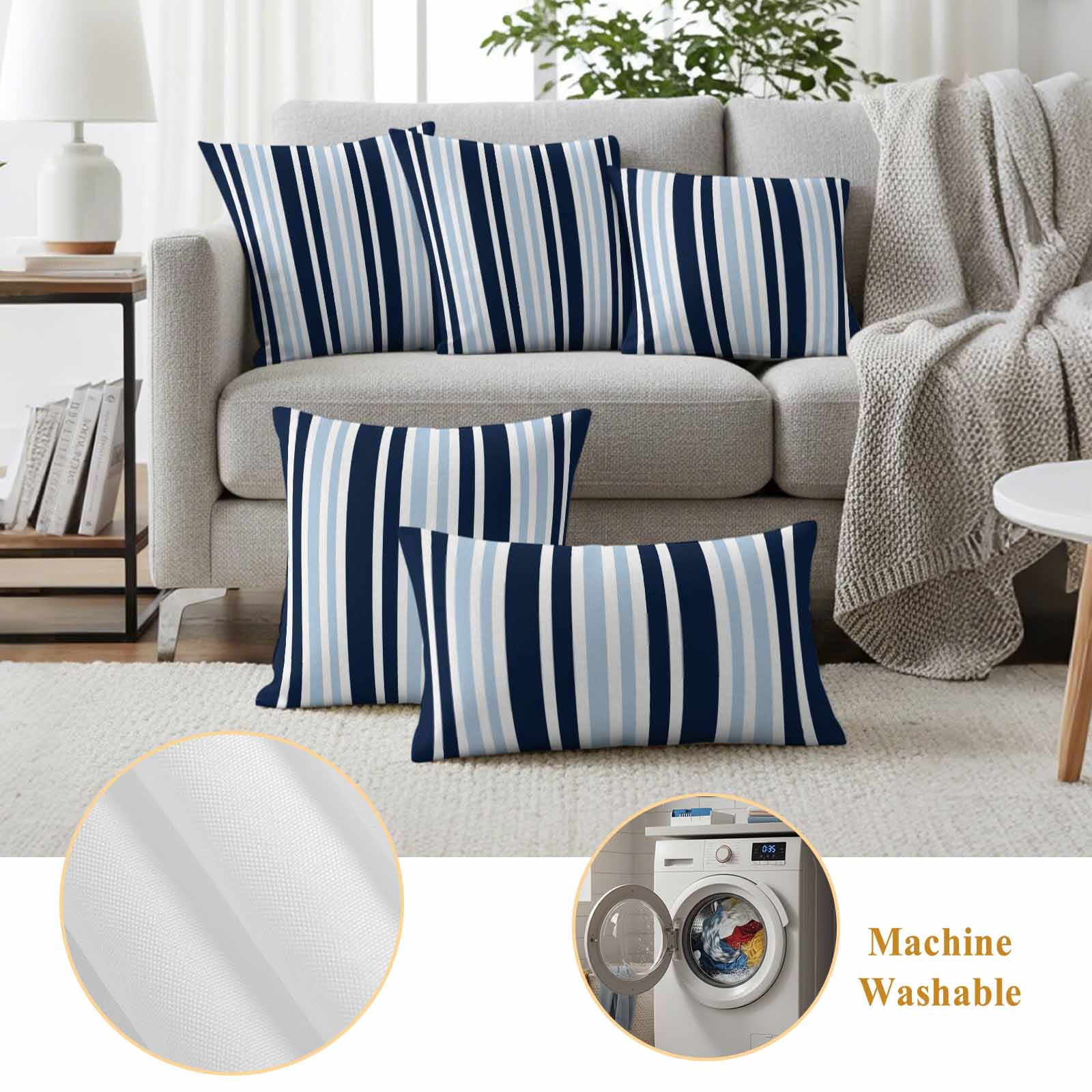 Navy Blue Outdoor Waterproof Pillow Covers, Modern White Geometric Vertical Stripes Decorative Square Throw Pillowcase Sofa Cushion Sham for Patio/Couch/Chair, 24"x24" 2 Pack