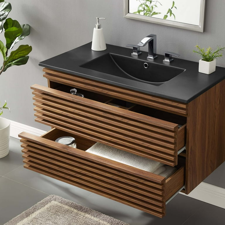 Karton Republic Manarola 42 Matte Black Wall Mount Modern Bathroom Vanity W/Sink (Open Shelves) VAMANMB42WMQZ