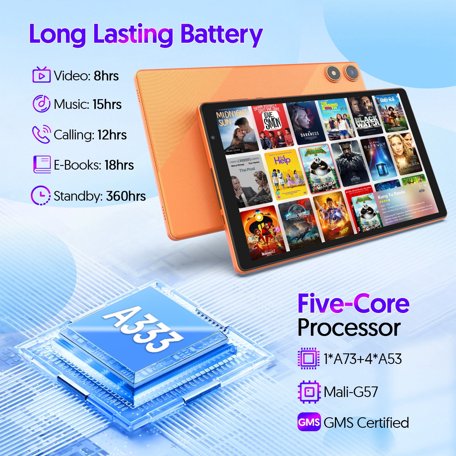 Android 16 Tablet, 10.1 inch, Five-core CPU, RAM 3GB, ROM 32GB (Up to 1TB), 800x1280 IPS, 5G WiFi 6, 2MP+2MP, 6000mAh-Orange