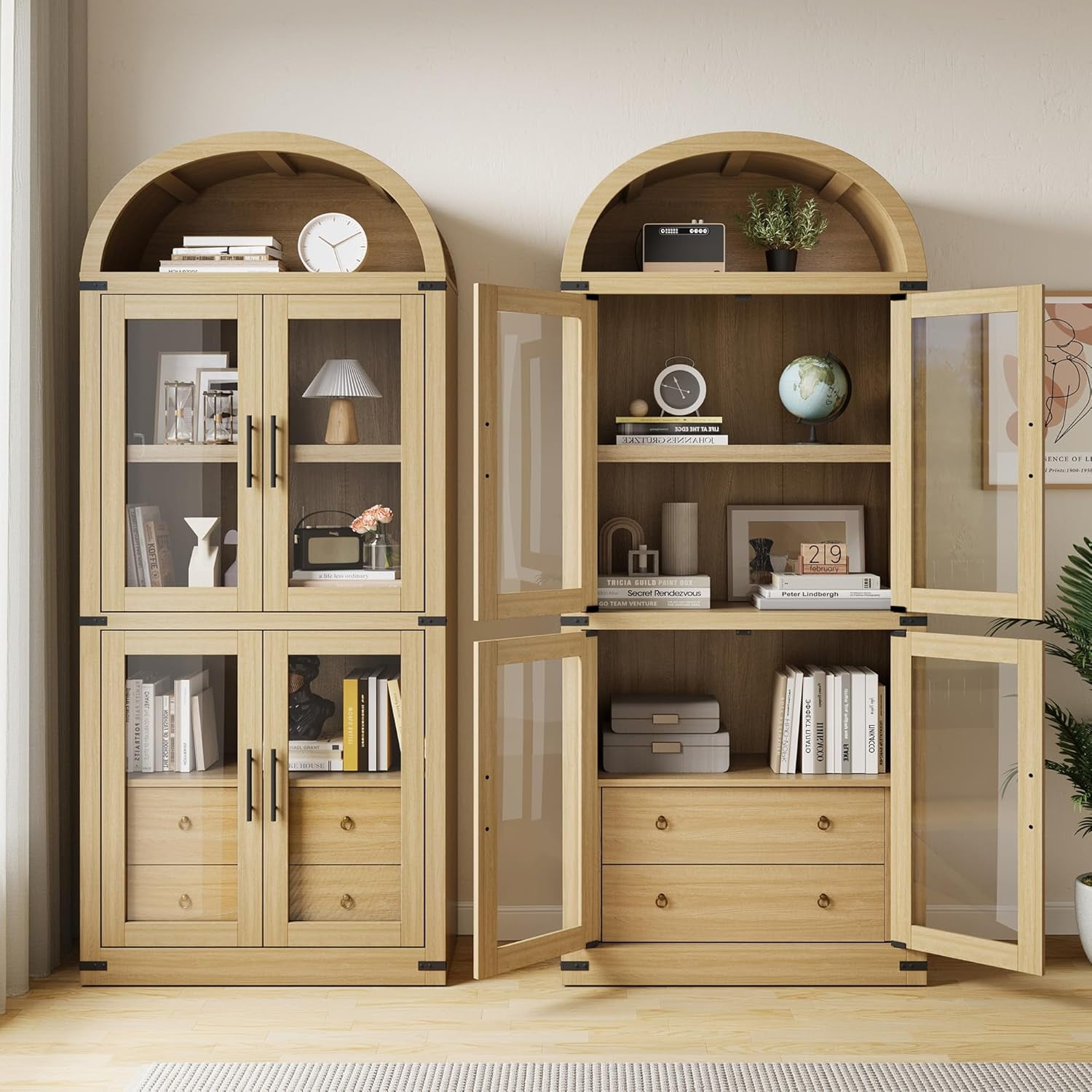 Arched Kitchen Pantry Storage Cabinet with 2 Drawers, 71-Inch Tall Farmhouse Wood Bookcase with 4 Doors for Kitchen Dining Room Bathroom