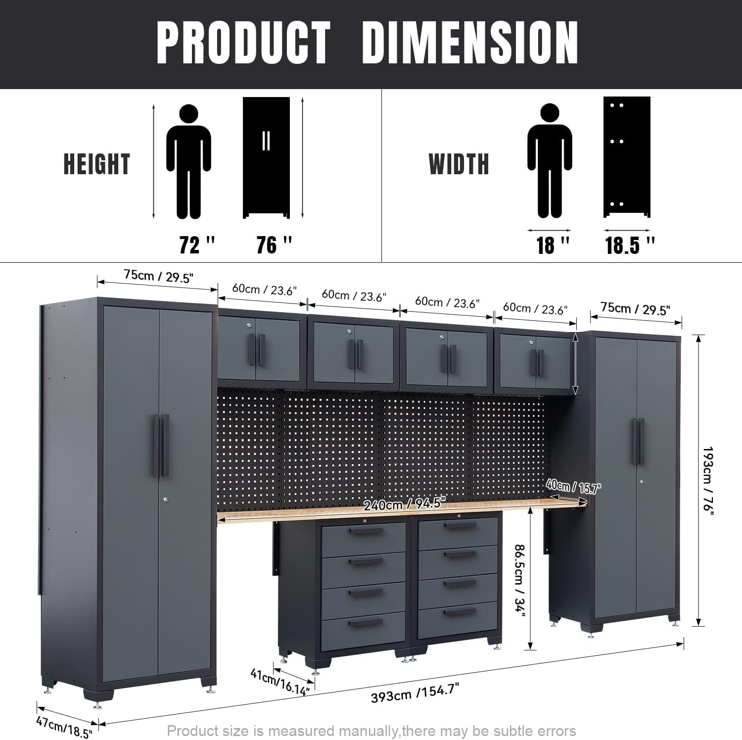 HPDMC Garage Storage Cabinet System - 2×7-Pc Heavy Duty Workshop Set w/ Steel Cabinets, 47.2" Workbenches, Drawers & Pegboard | Double Tool Organization System for Garage/Workshop