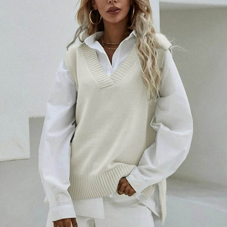 JDEFEG Sweaters Vest Boys Women Casual Sleeveless V Neck Ribbed Knit Split Pullover Sweater Vest Blouse Vintage Sweater Vest Men Polyester Cotton