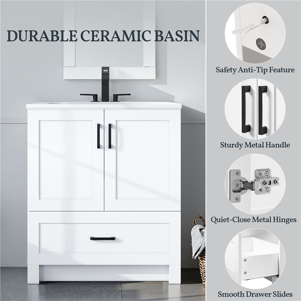 Yaheetech 34" Tall Modern Freestanding Bathroom Vanity with Ceramic Basin, White