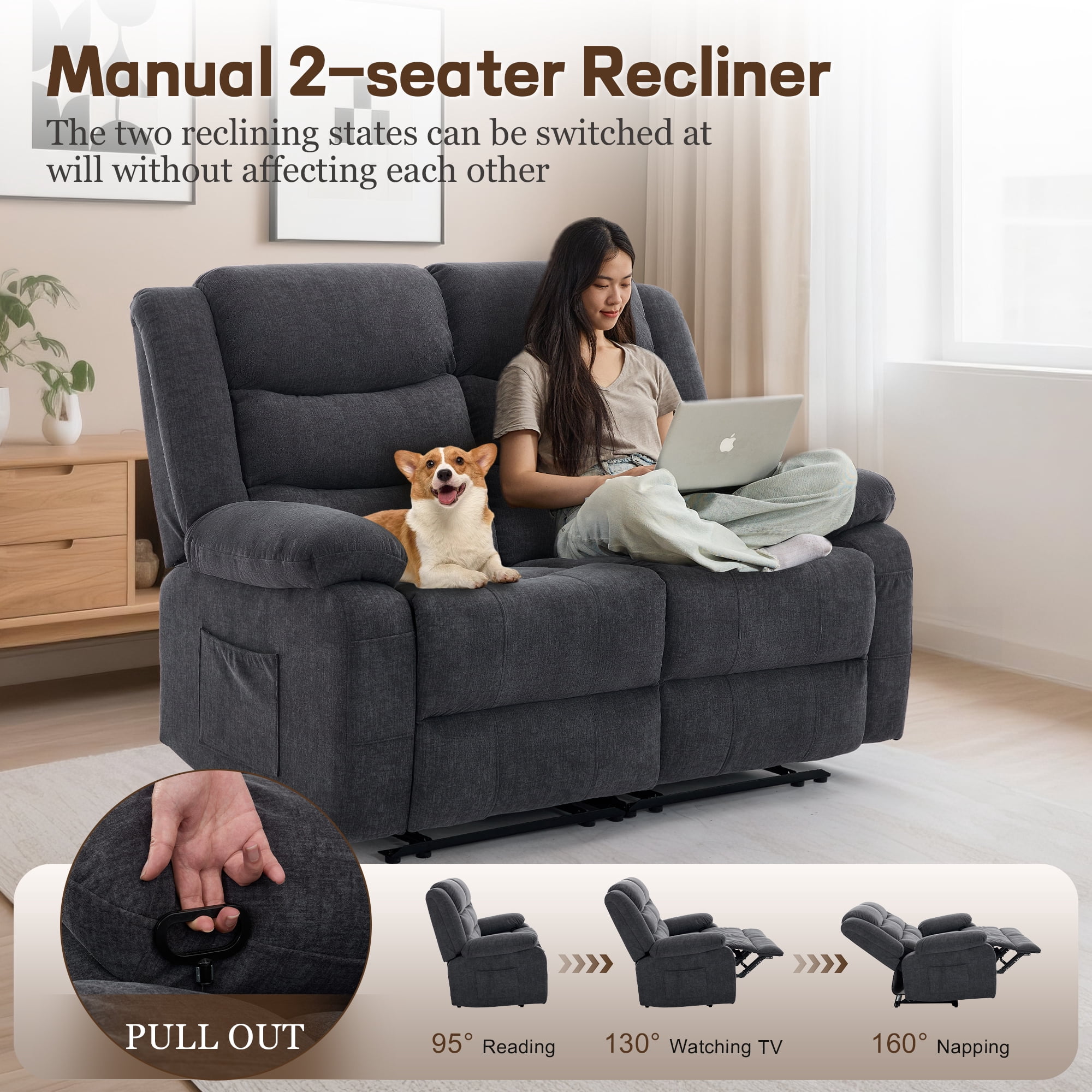 Korser Oversized Loveseat Recliner Sofa with Front Pockets and Side Pockets for Living Room,Home Theater,Grey