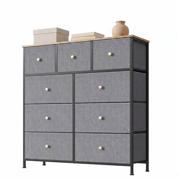 EDX 9 Drawer Dresser, Wide Chest of Drawers Nightstand Storage Tower Storage Fabric Dresser with Wood Top for Living Room, Bedroom, Hallway,Blue