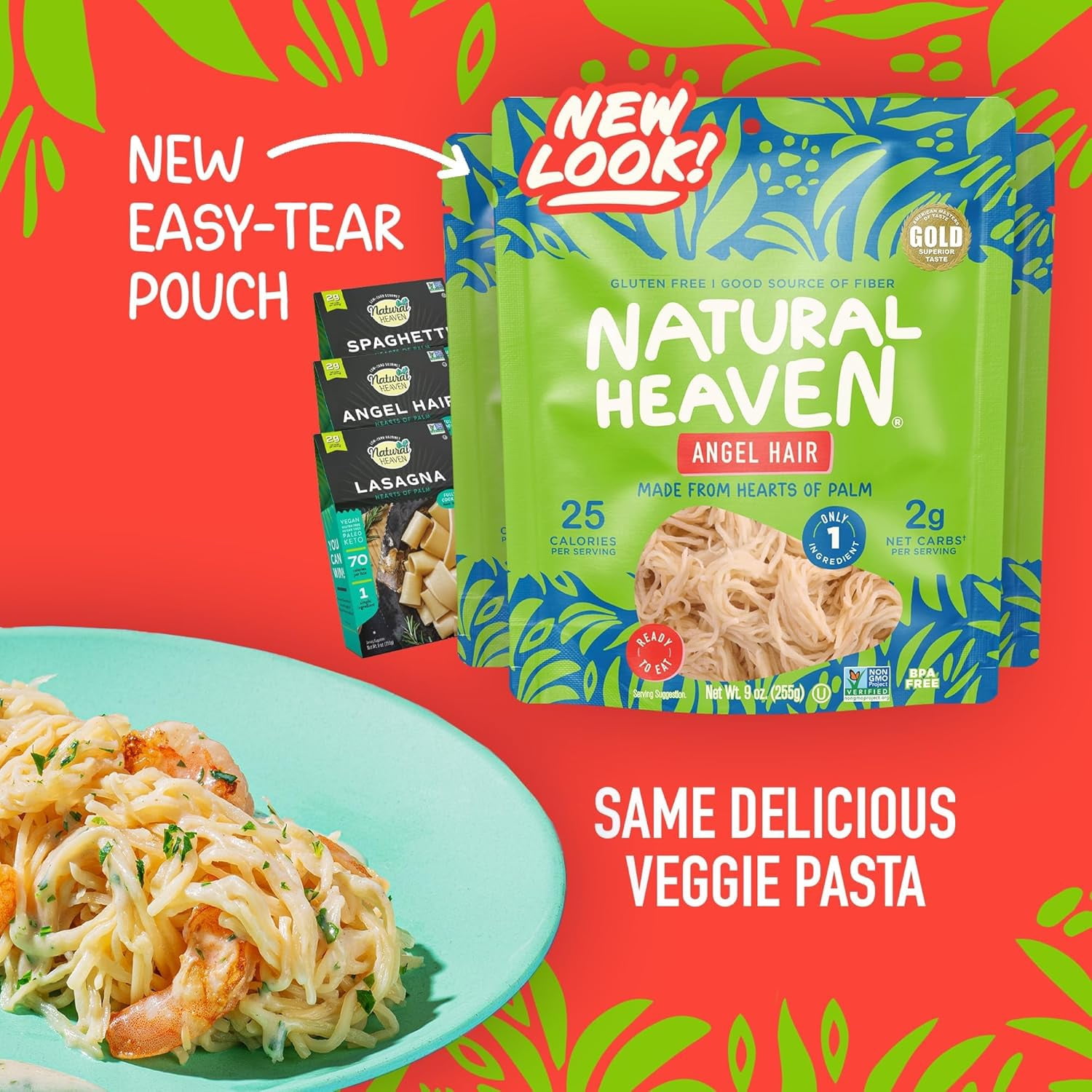 Natural Heaven Pasta Variety Pack, Natural Heaven Keto Pasta, Healthy Noodle Spaghetti, Angel Hair & Lasagna (6 Pack, 9 oz Ea)