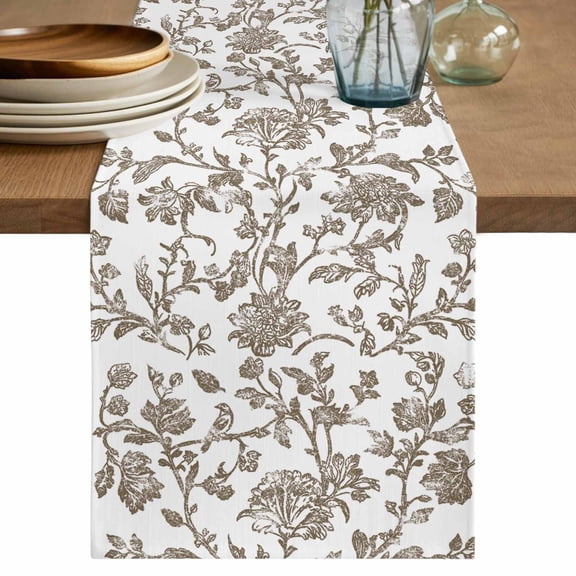 Table Runners 90 Inches Long Dress Scarves, Brown Flower Farmhouse Coffee/Dining/Kitchen Table Decor Table Runner for Living Room, Vintage Farmhouse Boho Leaf Spring Plant 13x90 Inch