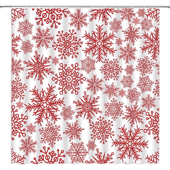 Christmas Snowflake Shower Curtain Red White Snow Winter Holiday Xmas Festival Rustic Fantasy Bathroom Home Curtain Decor with Hooks,70" Wx70 H